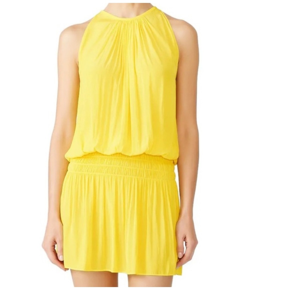 Ramy Brook Paris Blouson Yellow mini Dress Sleeveless Smocked size Medium $345‎